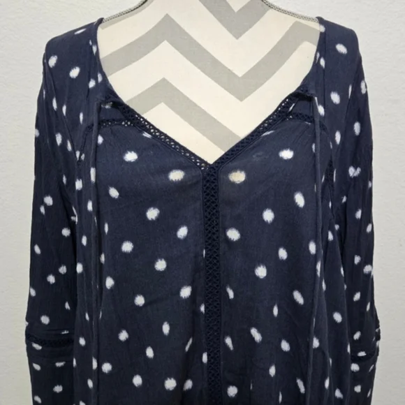CASLON Blue Boho Blouse White Polka Dots Long Sleeves Size XL - Picture 3 of 12
